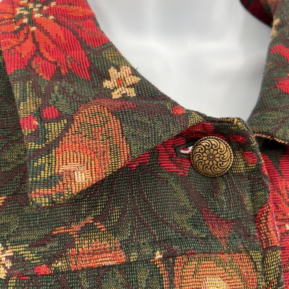 Vintage Tapestry Trucker Jacket Poinsettia Christmas Holiday Size PL Grandmacore - Picture 4 of 8